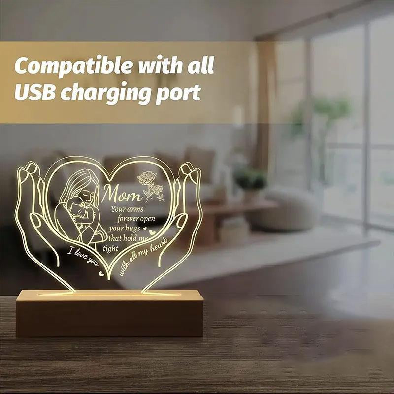Creative Heart Shaped Night Light, USB Powered to My Mom Themed Desktop Light, Creative Ambient Personalized Acrylic Room Night Light