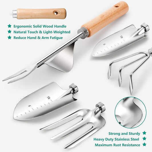 Heavy duty gardening tools set with ergonomic solid wood handles and stainless steel heads for durability and rust resistance
