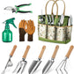 Heavy duty gardening tools set with pruners, gloves, spray bottle, tote bag, and various wooden handle hand tools