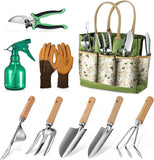 Heavy duty gardening tools set with pruners, gloves, spray bottle, tote bag, and various wooden handle hand tools