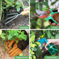 Heavy duty gardening tools set including hand rake pruner digging gloves and spray bottle in use