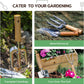 Heavy duty gardening tools set with wooden handles including a hand fork, trowel, and cultivator for weed removal and soil turning