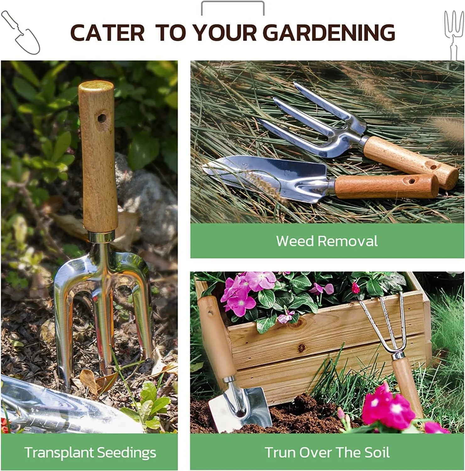 Heavy duty gardening tools set with wooden handles including a hand fork, trowel, and cultivator for weed removal and soil turning