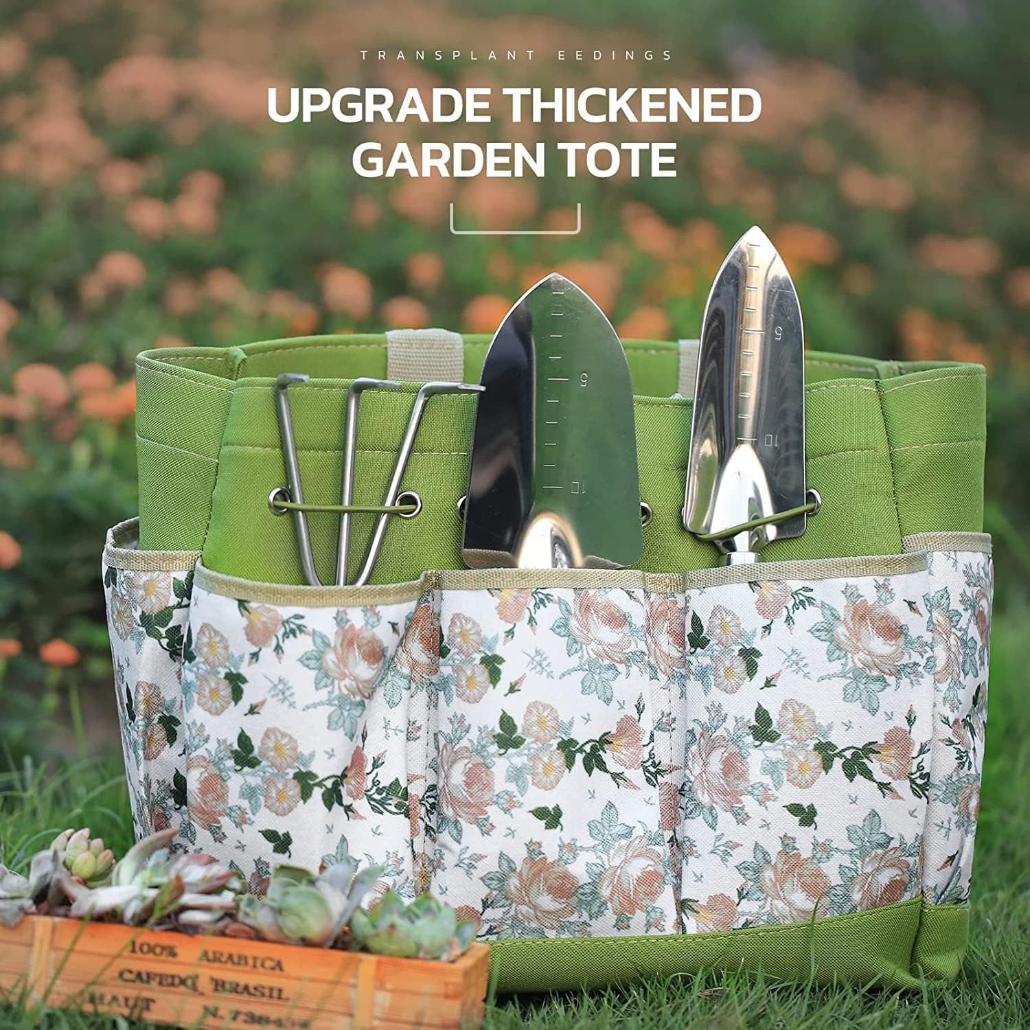 Heavy duty gardening tools set with upgraded thickened garden tote featuring floral pockets and sturdy handles