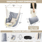 Hanging hammock chair with pillows in gray showing dimensions 39 by 51 inches and included accessories