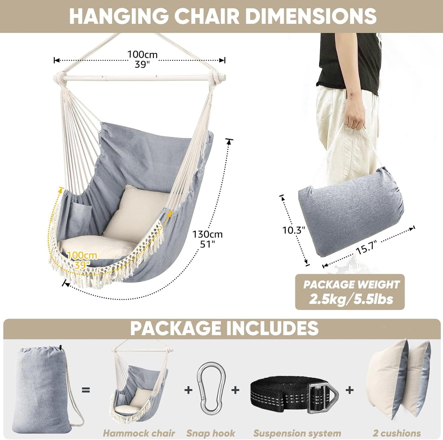 Hanging hammock chair with pillows in gray showing dimensions 39 by 51 inches and included accessories