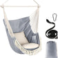 Gray hanging hammock chair with pillows including hanging strap, carabiner, and carrying bag