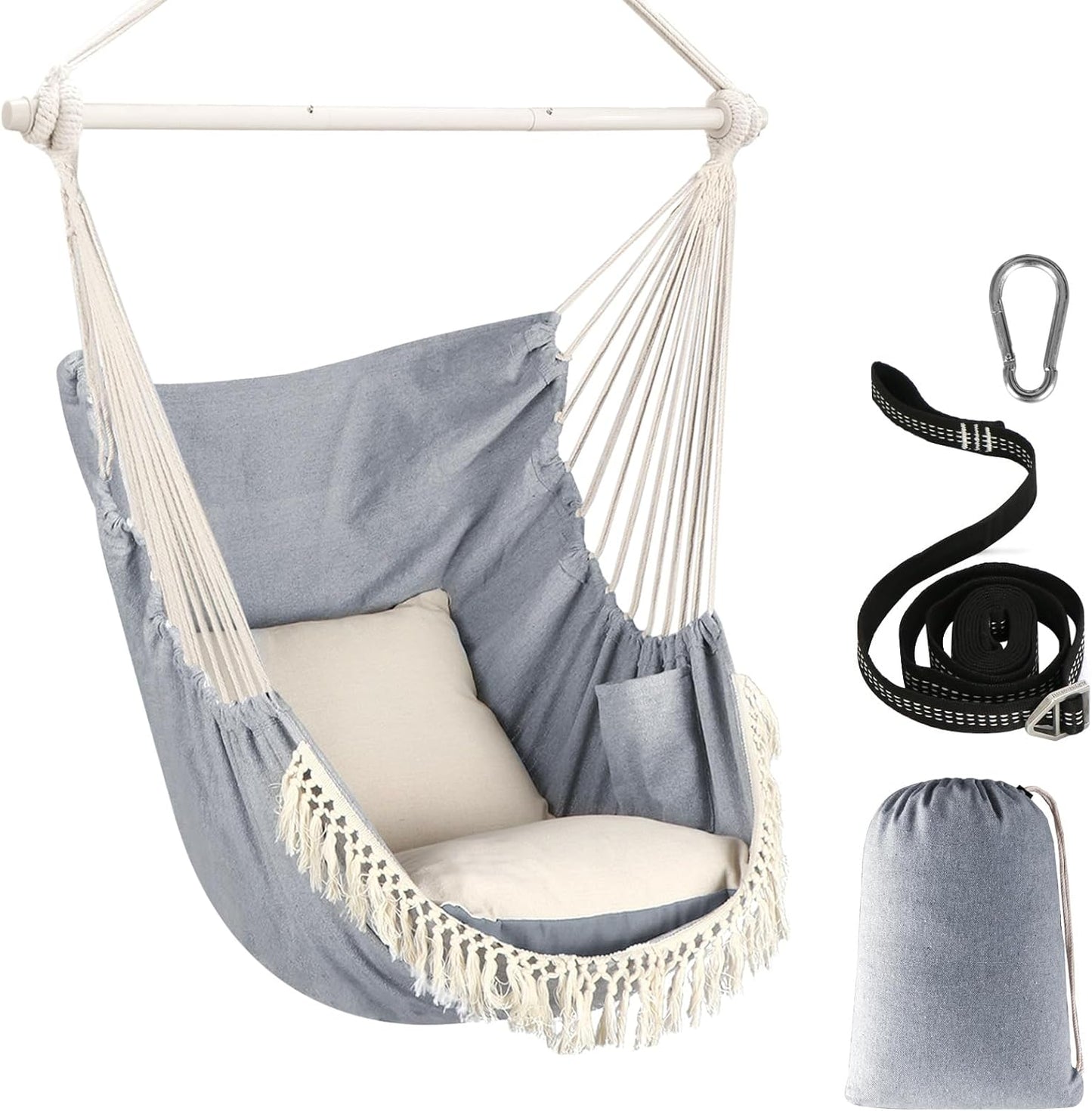 Gray hanging hammock chair with pillows including hanging strap, carabiner, and carrying bag