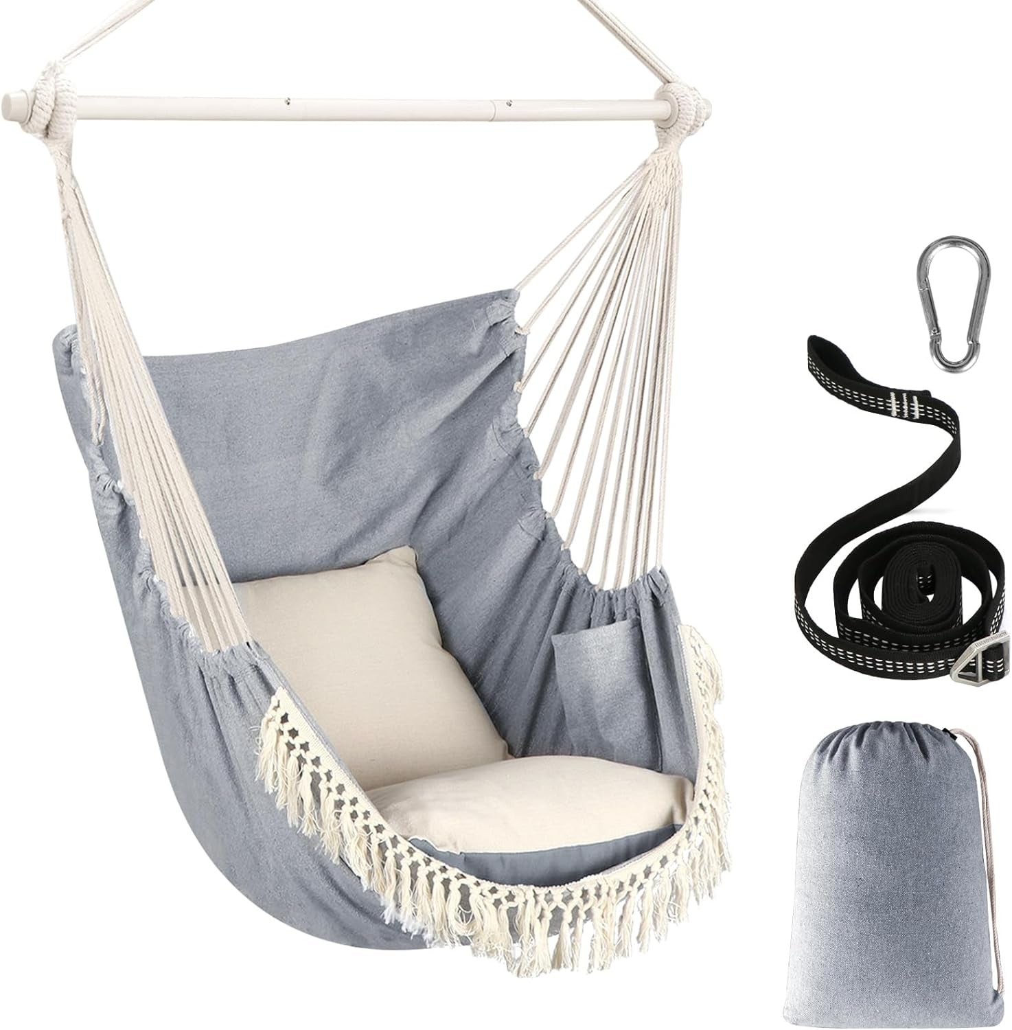 Gray hanging hammock chair with pillows including hanging strap, carabiner, and carrying bag