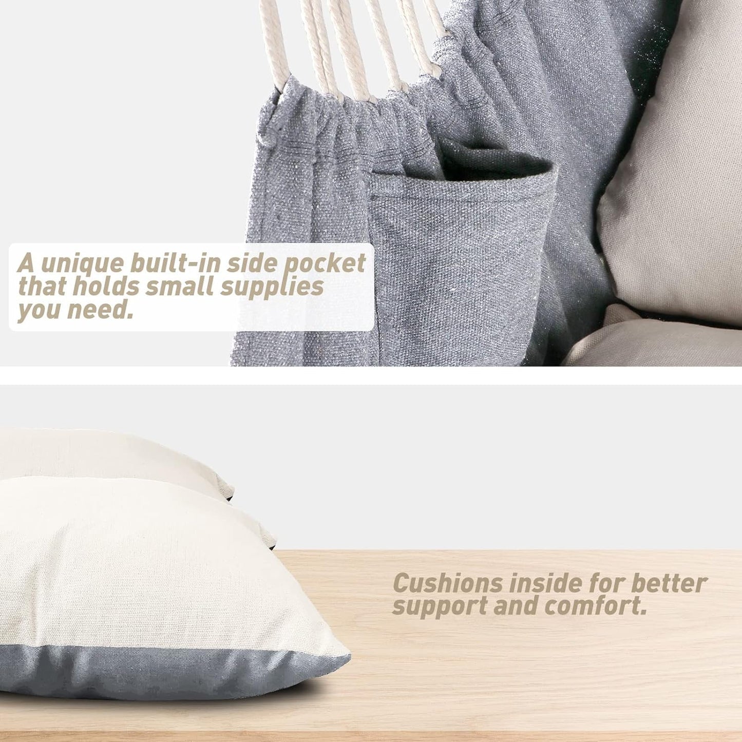 Close-up of hanging hammock chair with pillows showing built-in side pocket and cushioned support