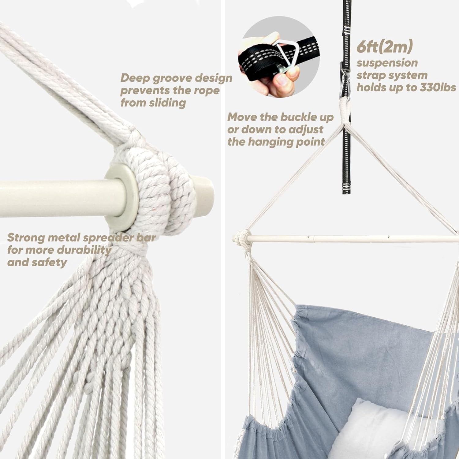 Hanging hammock chair with pillows showing strong metal spreader bar and adjustable suspension strap system