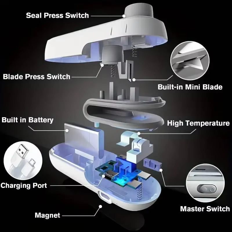 Exploded view of mini heat sealer for food bags showing built-in battery, blade, charging port, and seal press switch