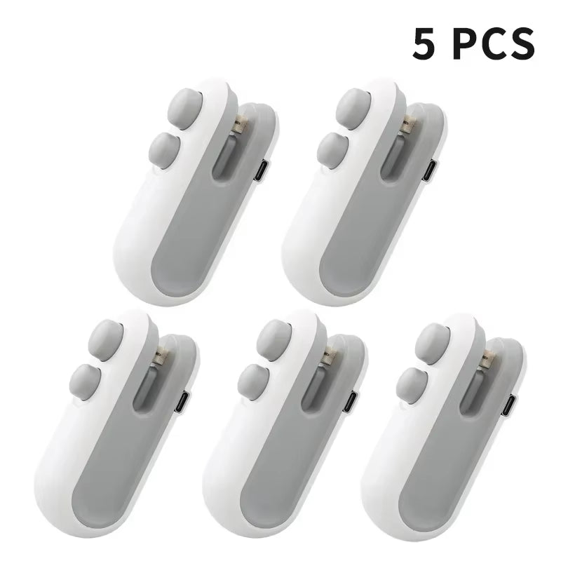 Set of 5 white and gray mini heat sealer for food bags handheld devices for sealing plastic bags