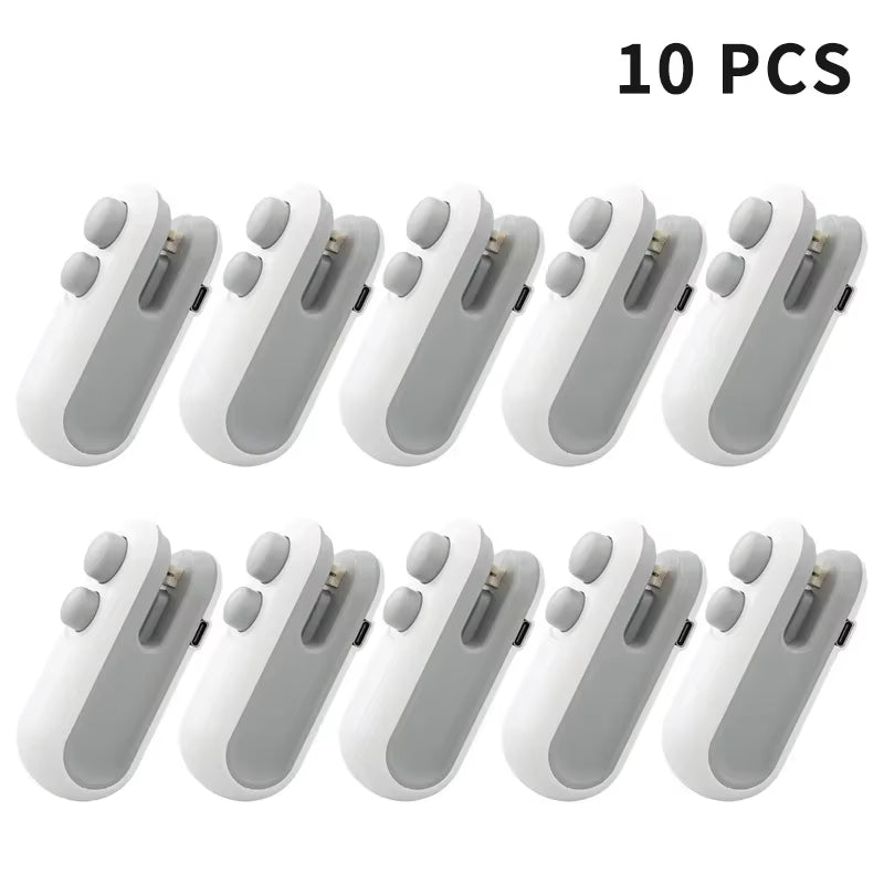 Set of 10 white and gray mini heat sealer for food bags to reseal and preserve freshness