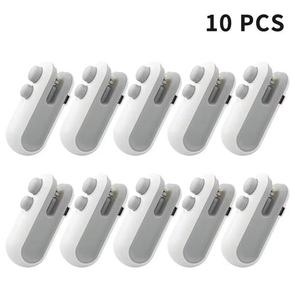 Set of 10 white and gray mini heat sealer for food bags to reseal and preserve freshness