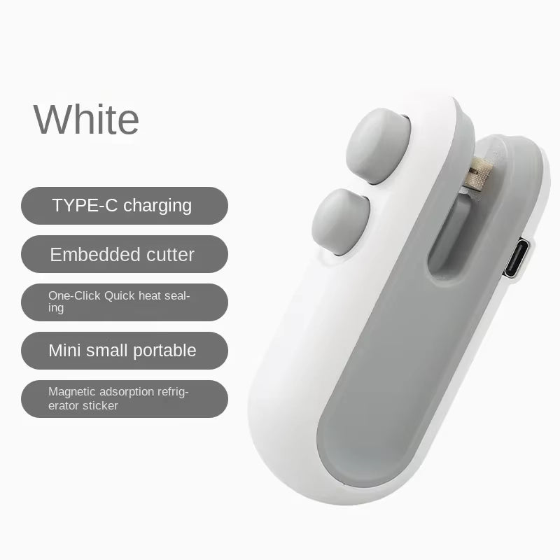 White mini heat sealer for food bags with embedded cutter and Type-C charging portable design