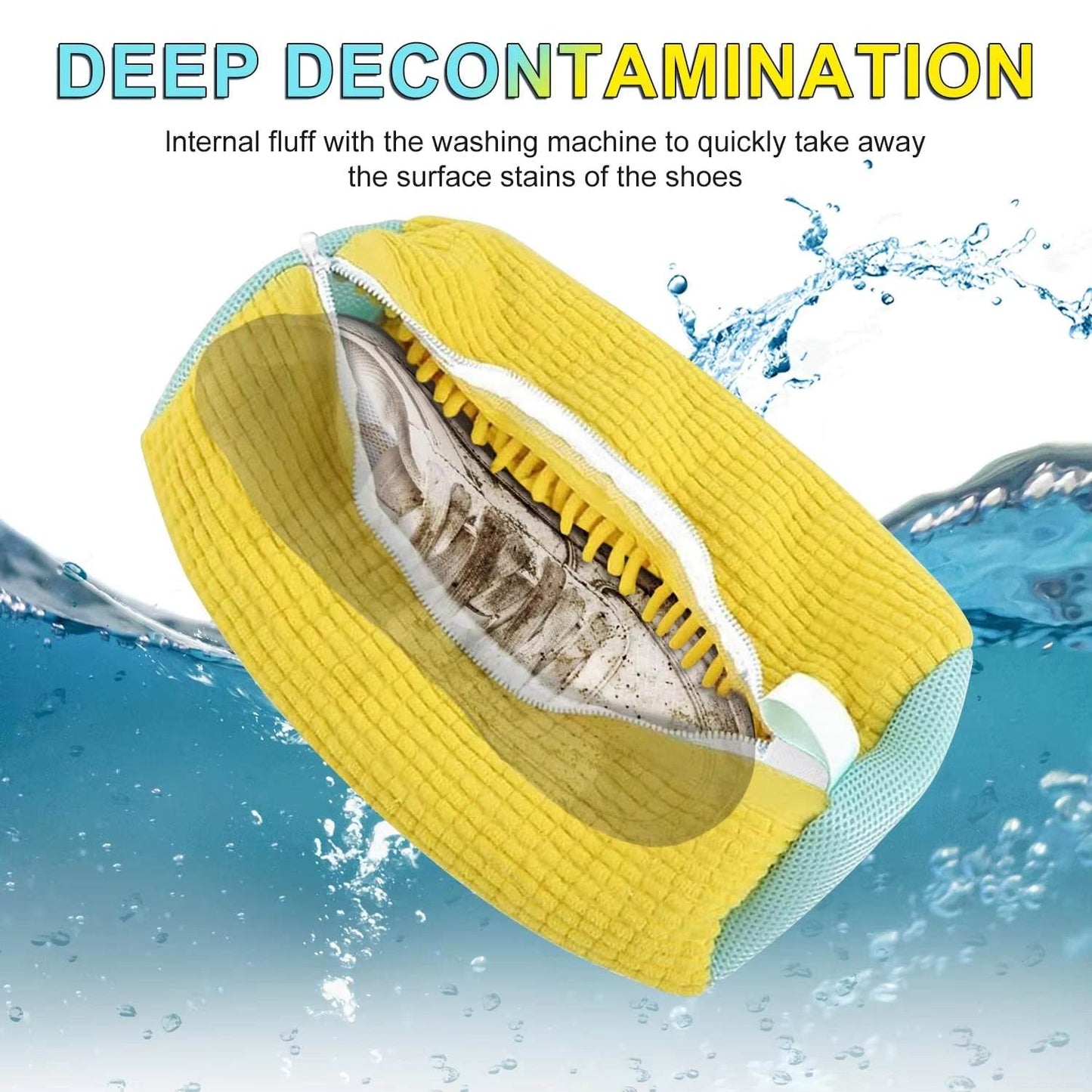Yellow shoe washing bag for washing machine protecting dirty shoes during wash cycle