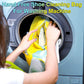 Person placing yellow shoe washing bag for washing machine containing shoes inside front load washer