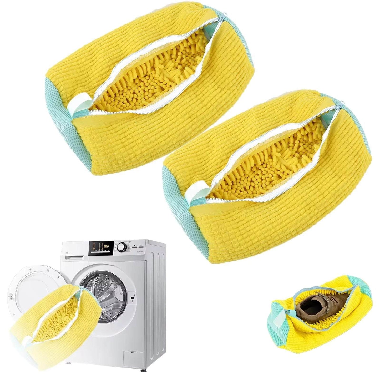 Yellow shoe washing bag for washing machine with soft microfiber interior and zipper closure