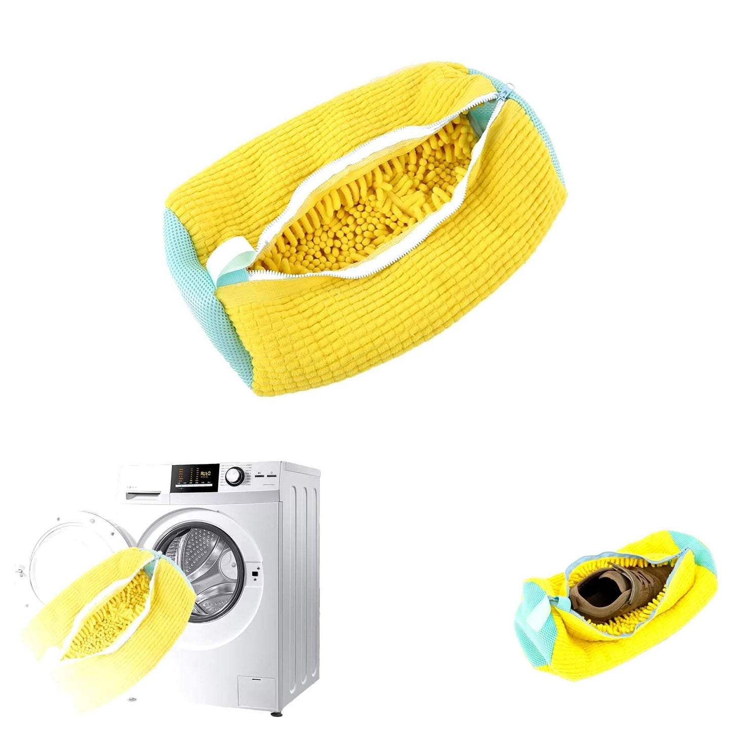 Yellow and turquoise shoe washing bag for washing machine shown empty and with shoes inside near a washing machine