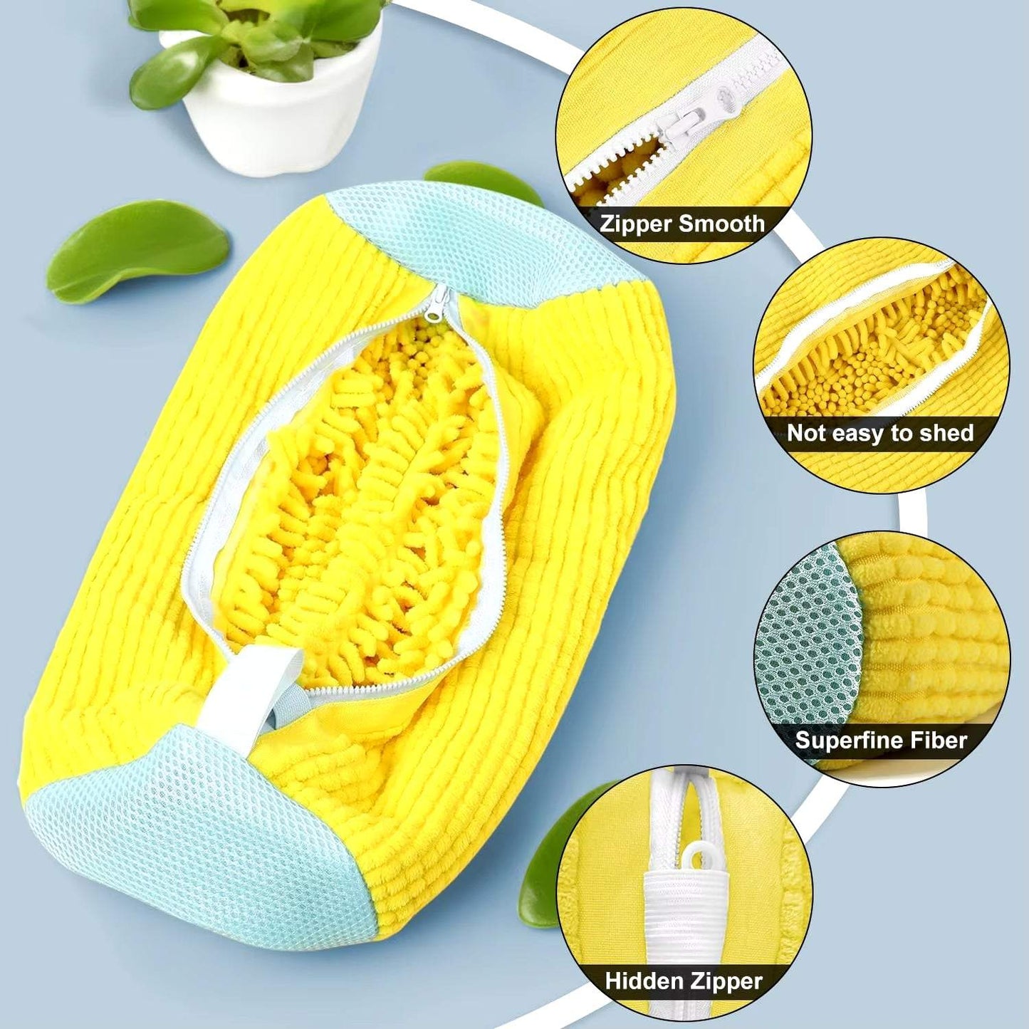 Yellow shoe washing bag for washing machine with smooth zipper and superfine fiber protection